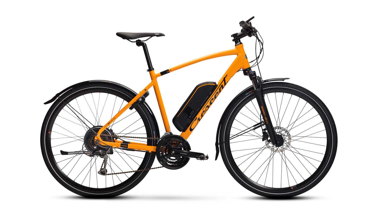 Sportig hybrid-elcykel med bakhjulsmotor; en rejäl skjuts framåt. Crescent Elis 24-vxl.