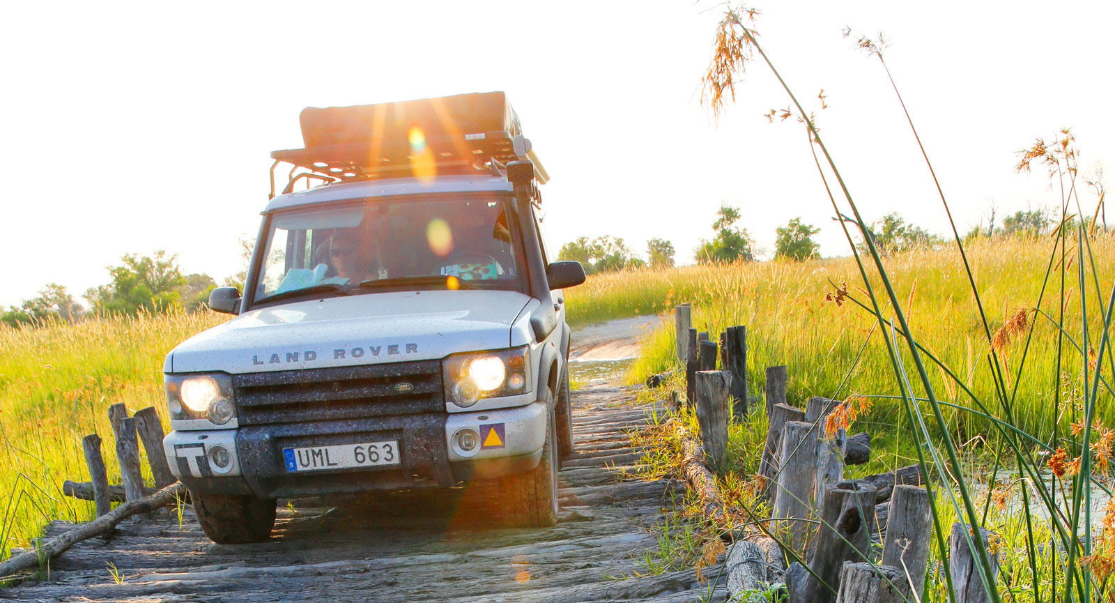 Offroad på broar av stockar i
Moremi Game Reserve, Botswana.
