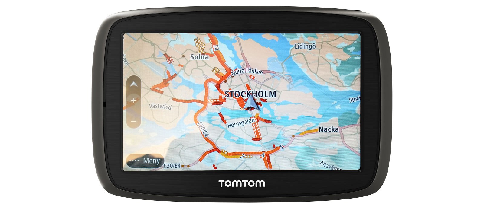 Steg 1: Så här ser en av TomToms senaste modeller ut. Alla gps:er kan se lite olika ut. Börja med att trycka på ”Meny” och välj inställningar för att ställa in formatet WGS84.