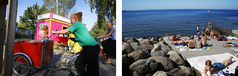 Med hjälp av cyklar tar man sig lätt in till Malmö. || Med lådcykeln tar man sig snabbt till Västra Hamnen där det finns möjlighet till härliga bad.