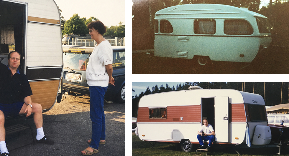 Cabby 470 i färjekön till Gotland någon gång på 1990-talet. || Karlssons första husvagn, en Constructam Comet -69. ”Den hade en perfekt glasveranda med världens utsikt där man kunde sitta och se allt som hände utanför”. || Kurt vid den andra vagnen, en Cavalier 530.