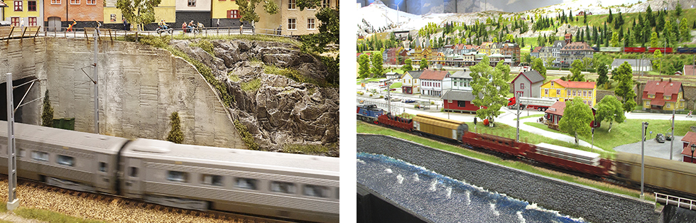 Bygget är i skala 1:87 där räls och tåg är från Roco, NMJ och Jeco. || Över 25 tåg cirkulerar på drygt 550 meter järnvägsspår.