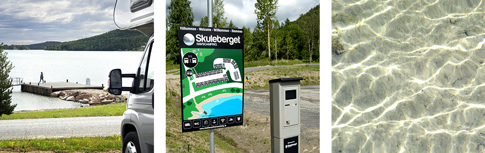 Ett morgondopp är snabbt avklarat med denna närhet till bad. || Betalstation och översiktskarta över platserna. || Bara ett stenkast bort lockar bad- och fiskemöjligheter.