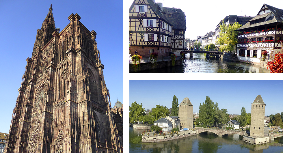 Katedralen som dominerar stadsbilden i Strasbourg, ett mästerverk som det tog över 400 år att bygga. || Petite France, Strasbourgs mest pittoreska stadsdel. I bakgrunden leder en svängbro över kanalen. || Från fästningsverket Barrage Auban har man utsikt över inloppet till Petite France, den medeltida stadsdelen i korsvirke.