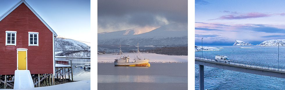 Ett båthus eller liknande på höga styltor. Husen är väl ompysslade. || En fiskebåt ligger på svaj i Balsfjorden.