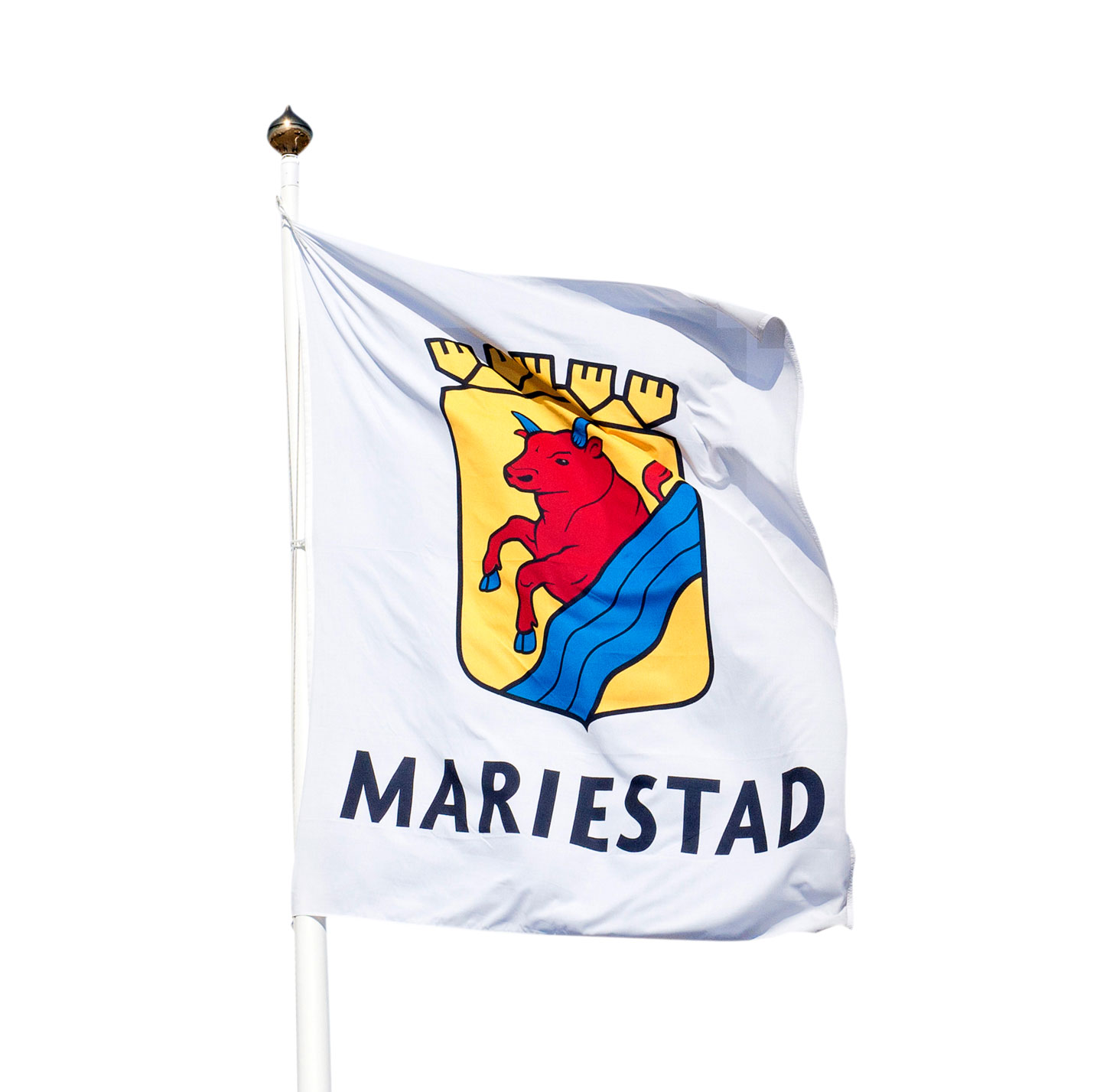Stadsvapen. Röda oxen och blå Tidan är ortens gamla symboler.
