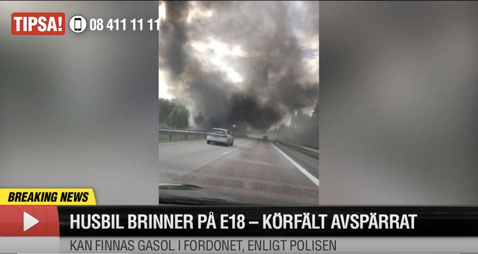 Den dramatiska branden blev stort uppslagen i medierna och köerna på E18 blev långa.