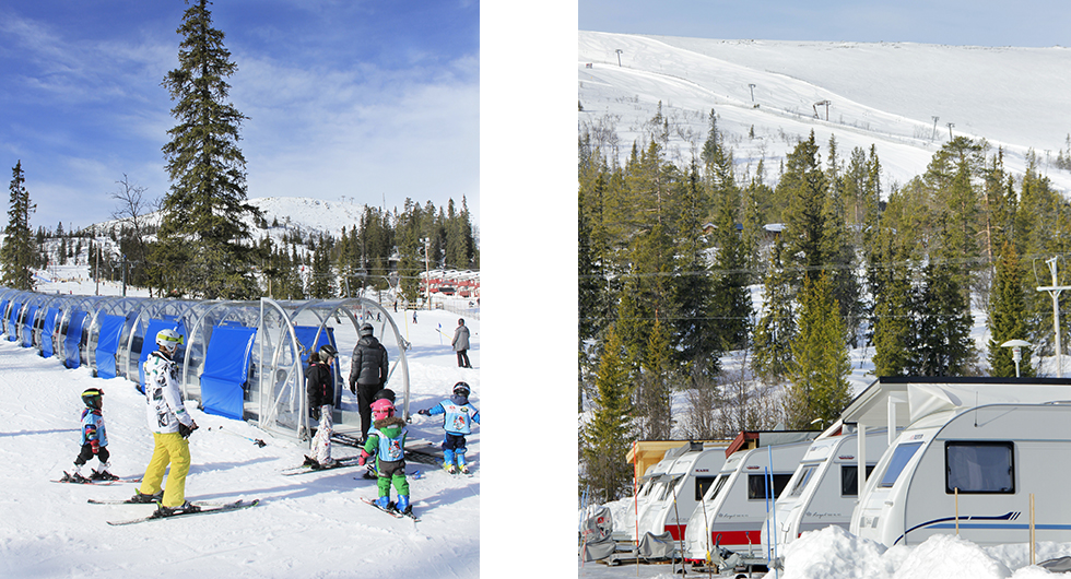 Till vänster: Barnvänligt – i Vemdalen har barnfamiljerna ett eget skidområde. Till höger: Pistnära – campingen i Storhogna ligger nära både pister och spår, smidigt var ordet.