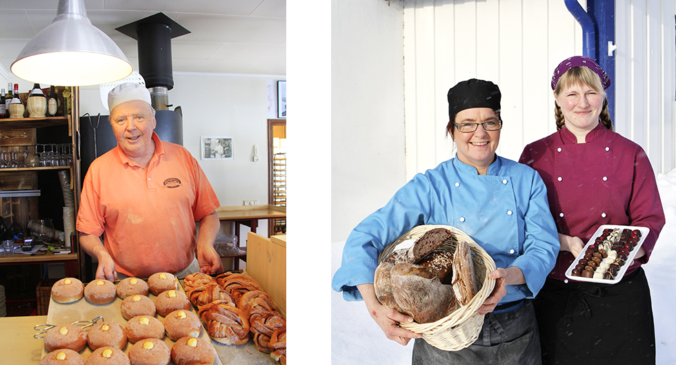 Till vänster: Nybakat. Hos Rolf Carlsson är smörbullarna populärast. Till höger: Stensäkert. Nathalie Persson och Erika Dillner bakar både bröd och pizza i stenugn.