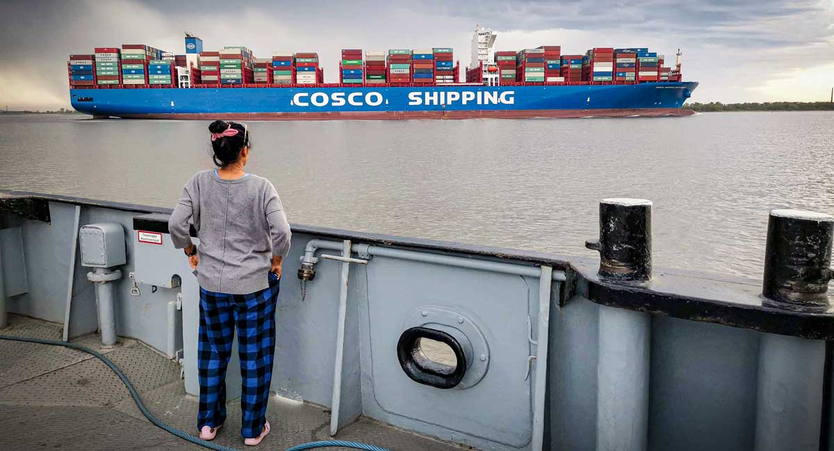 Räkna containers på Elbe... Skeppet Sagittarius är 400 meter långt och 59 meter brett. Skeppet byggdes 2018 och är ett av världens stora containerfartyg. Ett så kallat ULCV, Ultra Large Container Vessel. Det seglar för Cosco Shipping som har 1 200 fraktfartyg och är världens tredje största rederi.