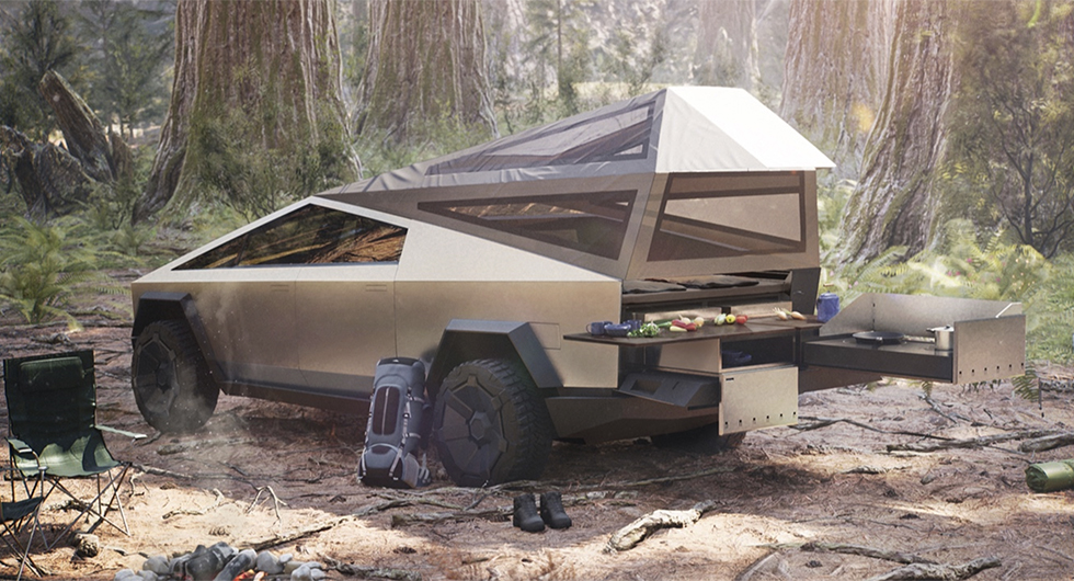 Campingvarianten av elbilen Tesla Cybertruck har en kåpa för väderskyddat sovrum samt utekök.