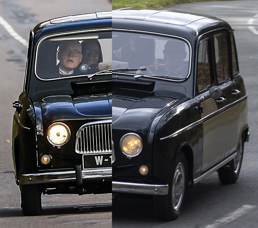 Carl till höger och Carl till vänster – olika roller och olika ansiktsuttryck... Bilen är en Renault 4 La Parisienne.