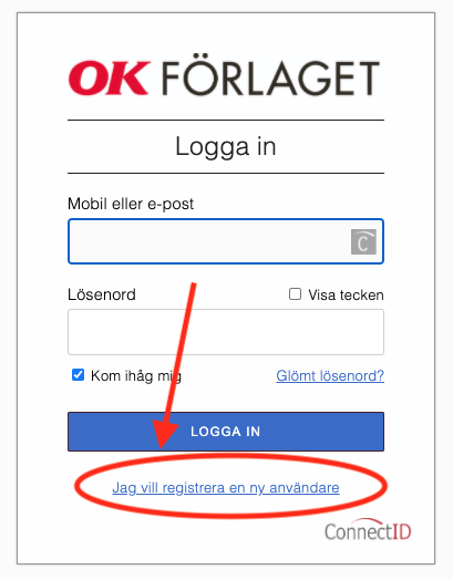 Klicka på "Jag vill registrera..." för att skapa ditt konto första gången.