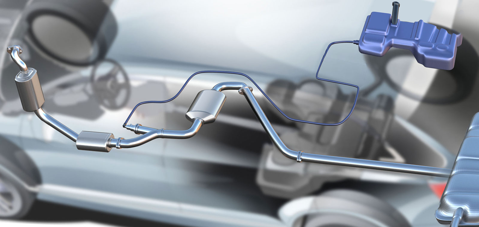Oxidationskatalysatorn (dosan längst till vänster) omvandlar kolväten och kolmonoxid till koldioxid och vatten. Partikelfiltret (dosan strax där under till höger) samlar upp dieselpartiklar. Adblue insprutningsventil (förgreningen på vänster bildhalva) sprutar in en urealösning som bryts ner till ammoniak. SCR-katalysatorn (centralt i bild) omvandlar slutligen kväveoxiden till kväve och vatten. Sist men inte minst har vi själva adblue-tanken i blått (till höger). (Illustration: Niklas Carle.)