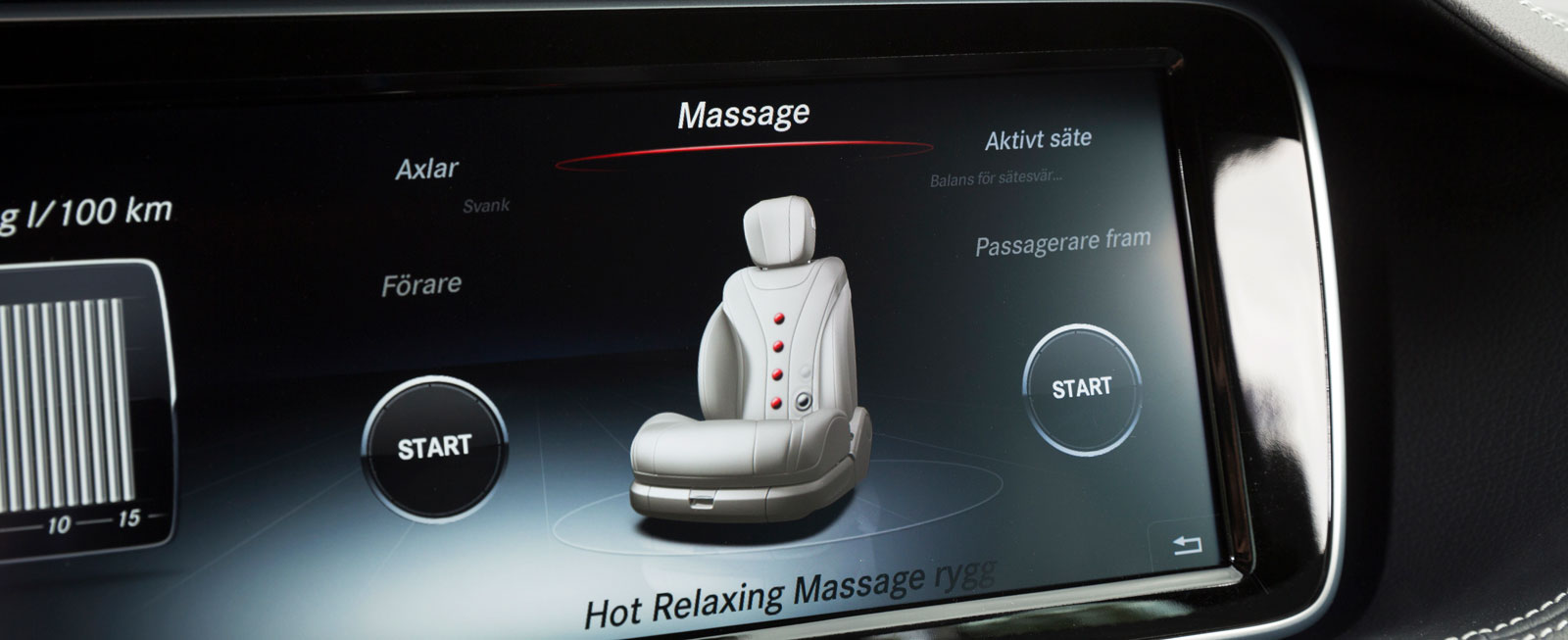 Detaljerade stolsinställningar finns i menyskärmen. Vissa massageprogram tar hjälp av stolsvärmen för att mjuka upp trötta ryggar.