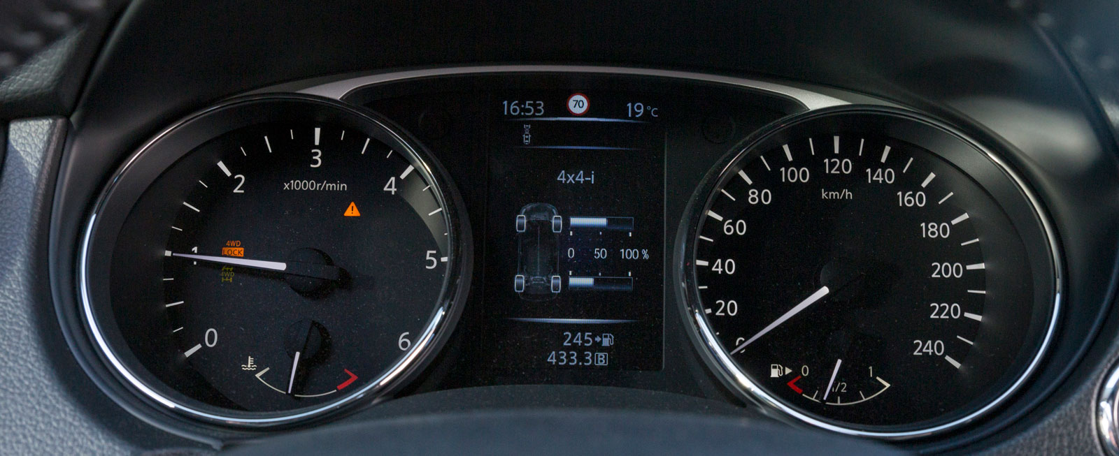 Kromring runt mätarna kan blänka irriterande ibland. Bra färgdisplay med indikering för 4WD-systemet, navigation, verkligt däcktryck, samt besparing av CO2-utsläpp vid autostopp.