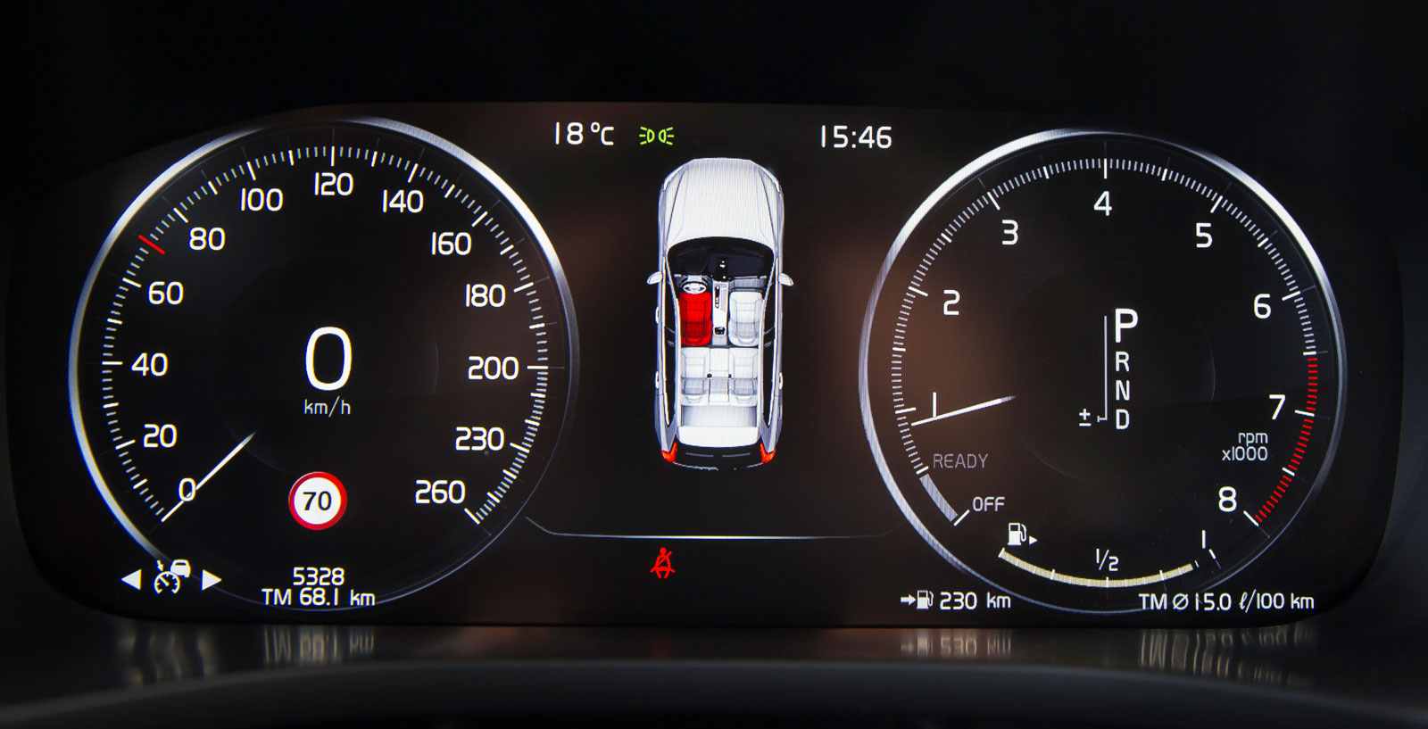 Instrumentrundlarna i XC60 kan varieras i utseende, här ”chrome”. Bilbältesläget kan knappast åskådliggöras tydligare än så här.