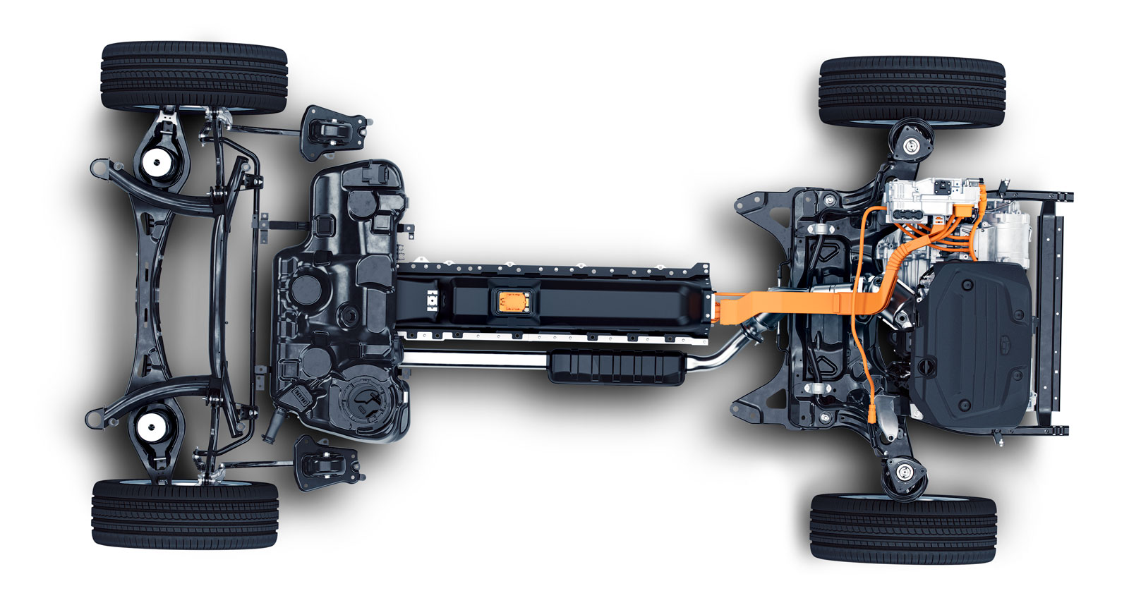 Så här ser en Volvo XC40 ut utan kaross. CMA-plattformen, som är förberedd för eldrift, är framtagen av CEVT. (Foto: CEVT).