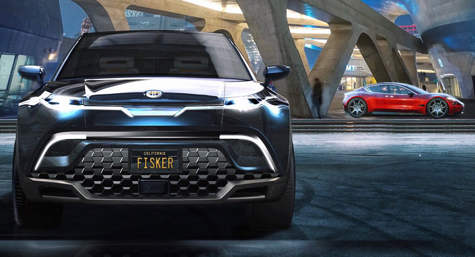 Fiskers suv i förgrunden och i bakgrunden ser vi lyxsedanen Emotion – först ut med solid-state batteri.