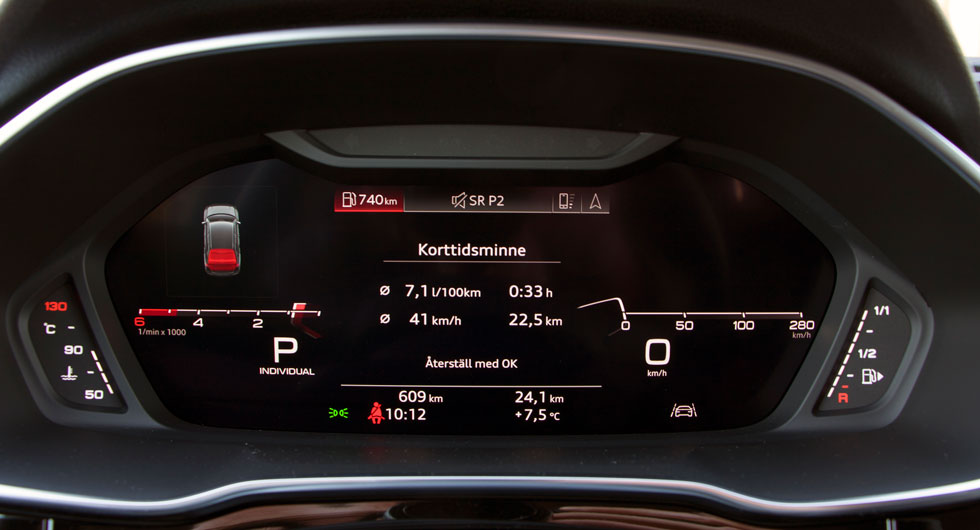 Audis ”virtuella cockpit” finns som extra i olika utföranden. Här är en av visningsmöjligheterna för olika mätare och färddator i testbilen.