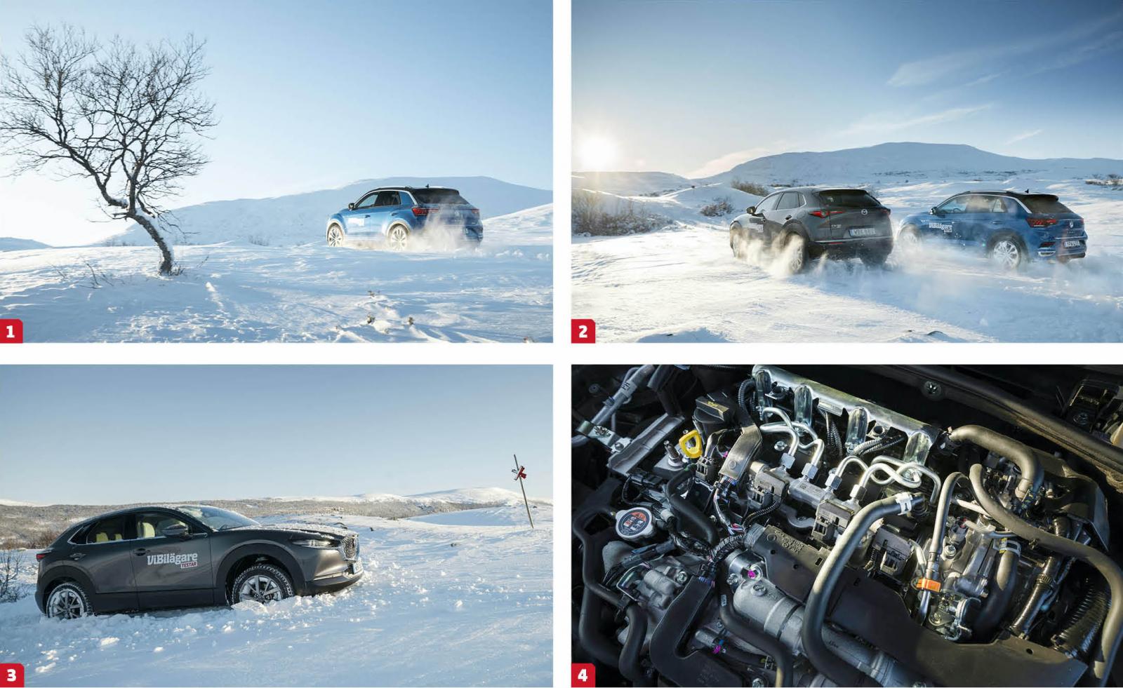 1. T-Roc stormar fram över vidderna. Eller? Yrsnö ger spektakulär fartkänsla, den verkliga hastigheten var knappt tvåsiffrig. 2. Ett infall av övermod och CX-30 passerar T-Roc. Det var ... 3.. ... inte så smart. Vinddrev och djupare snö gör att CX-30 fastnar på underredet. 4. Under två propra och väl ljudisolerande plastkåpor döljer sig Skyactive X:s hemligheter. Fyra silverormar i form av bränsleledningar säger diesel, tändspolar signalerar bensin.
