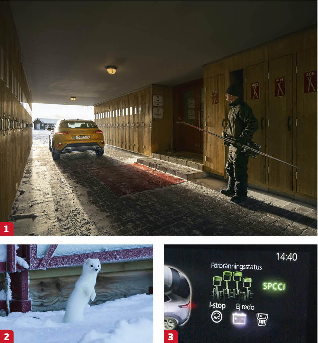 1. Per-Julius provar ”aktiv livsstil”. 2. Den vinterskrudade vesslan iakttog nyfiket testverksamheten. Den gulliga lilla gynnaren var hiskeligt snabbfotad och gömmer sig på fler platser i tidningen ... 3. Klockan är 14:40, eftermiddagskaffet serveras 16.00. SPCCI står för SPark Controlled Compression.