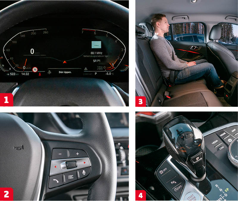 BMW:
1. Snygg och prydlig digital instrumenttavla. Men så kostar det 20 000 kr.
2. Stora och tydliga tryckknappar på BMW:s ratteker. Det smidiga scrollhjulet kan även styra funktionerna i head up-displayen (för 18 800 kr extra).
3. Bra benutrymme, hög sittposition och luftig miljö med bra sikt. Tyvärr platt sittdyna och tydlig hjulhuskänning för armbågen.
4. Lilla 118i har en sjuväxlad dubbelkopplingslåda som inte arbetar lika smidigt som BMW:s traditionella åttastegade automatlåda.