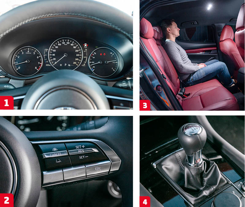 Mazda:
1. Traditionell layout trots att hastighetsmätaren är helt digital. Bäst läsbarhet i gänget.
2. Sämre läsbarhet har de kromade rattknapparna. Tack vare belysta symboler går de att se tydligt i mörker, svårare dagtid.
3. Trots en decimeter längre kaross än BMW, har Mazda testets trängsta baksäte. Godkänt benutrymme men låg takhöjd. Små glaspartier ger en instängd känsla.
4. En av bilvärldens smidigaste manuella växellådor. Kortslagig och fin mekanisk känsla ger nästan lite retrovibbar bland alla automatlådor på 20-talet.