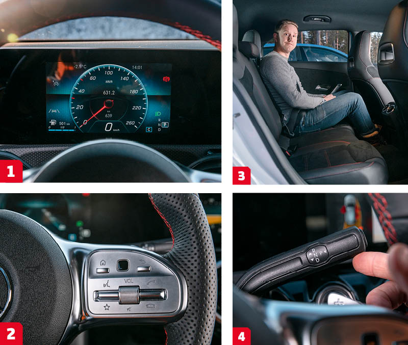 Mercedes:
1. Mercedes har två storlekar av digitalt instrumentkluster. Här är det lilla. Tydlig grafik, men plottrigt med ett överflöd av information.
2. Multitalang till ratteker. Fyr-kanten högst upp i mitten är en styrplatta för menyskärmen, vars handhavande fungerar riktigt bra.
3. Trions skönaste baksäte finns i Mercedes. Bred kupé, bra benutrymme.
4. Äntligen är rattväxeln tillbaka! A200 har en sjustegad dubbelkopplingslåda som manövreras med en smutt växelväljare intill ratten. Smidigt!
