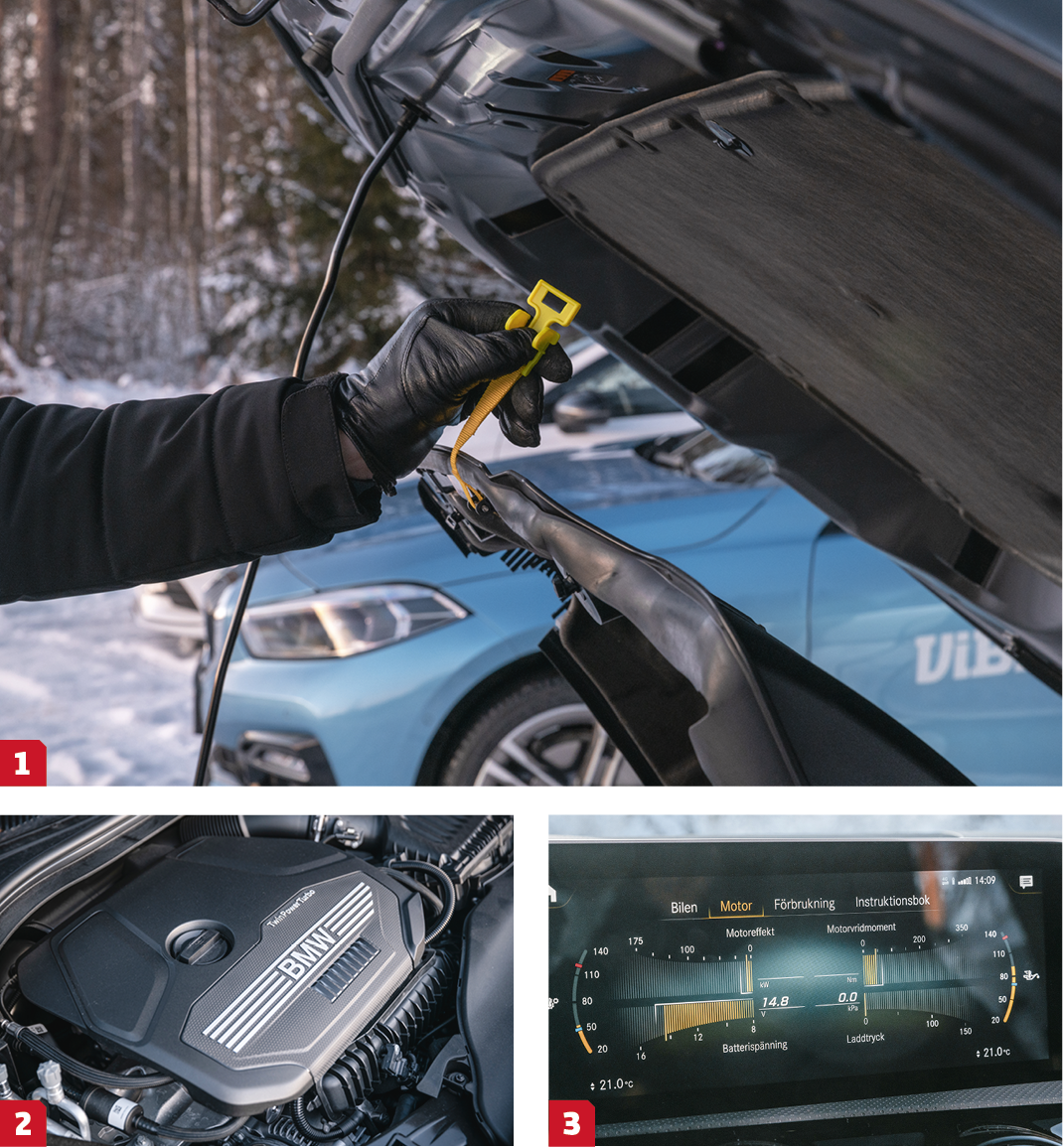 1. Mazda är stolta över världens första ”diesotto”-motor. Motorkåpan har fått en egen upphängningsflärp så alla kan ta en rejäl titt.
2. Under BMW-huven ruvar en halv sexa vänd på tvären.
3. Mercedes stora menyskärm ger intressant telemetri på vad den fina 1,3-litersmaskinen har för sig.