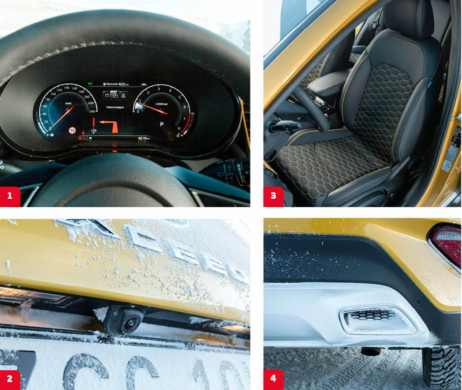 Kia: 1. Kia Ceeds analoga mätartavlor har ersatts av en skärm i XCeed. Kia använder inte displayens möjligheter att visa kartbild och så vidare, men skärmen är skarp och mätarna föredömligt tydliga.
2. Likt Mazda finns ingen rengöring av backkameran vilket snabbt gör den överflödig på våra breddgrader. I T-Roc skyddas kameran när den inte används.
3. Gulrutig klädsel livar upp. Dörröppningarna har klarlackats, men bagageluckans karmar är inte klarlackade och lackskicktet är synbart tunt. Svagt.
4. Lurifax. Det riktiga avgasröret mynnar ut under bilen.
