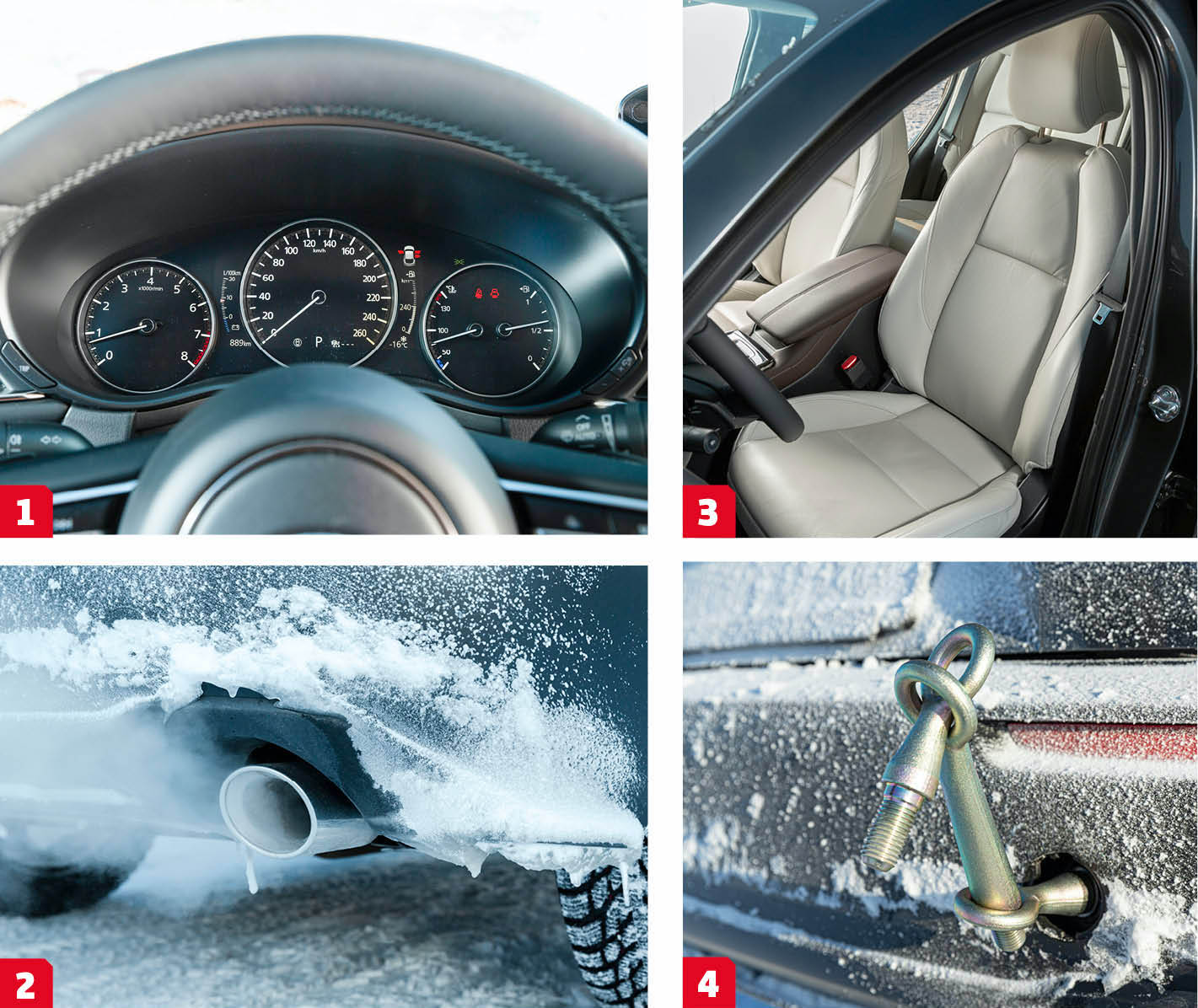 Mazda: 1. Digital hastighetsmätare flankeras av analoga mätare för varvtal, temperatur och bränslemängd. Likt Kia används inte displayen till att visa kartbild eller liknande, bara för att ändra utseende på mätaren.
2. Äkta vara. CX-30 skäms inte för sig, båda avgasrören har den funktion de utger sig för att ha.
3. Knappen för att sänka nackstödet sitter inklämd mellan nackstöd och stol, svårt att sänka nackstödet under körning.
4. Dubbla bogseröglor bak och en längre ögla fram. Ovanligt och praktiskt när bilen kör fast och behöver hjälpas loss.