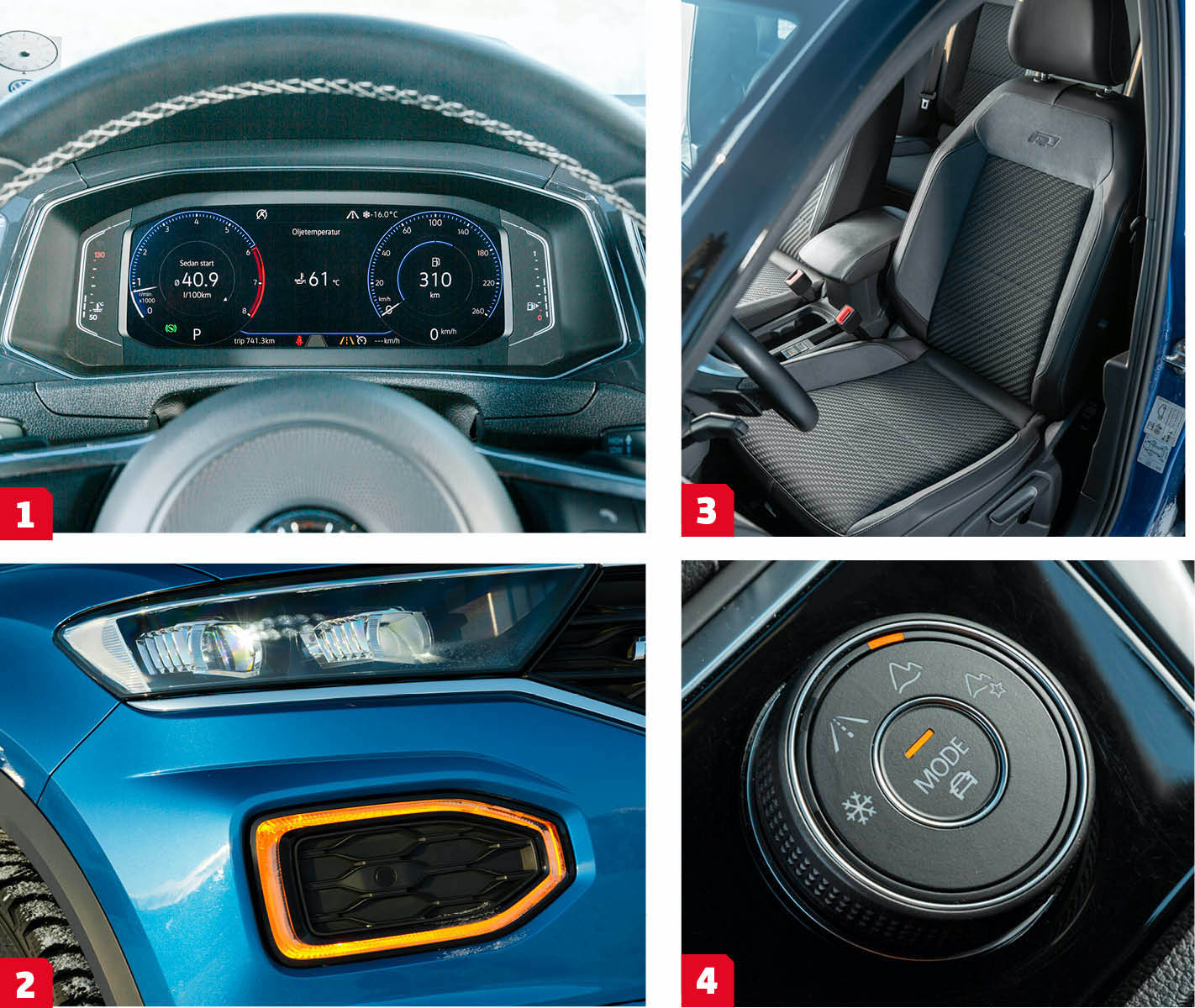 Volkswagen: 1. En bekant syn, samma instrumentdisplay används i bland annat VW Polo och Passat. De ”analoga” mätarna har något små siffror. Det går att ändra till en annan vy med tydligare, digitala, siffror.
2. Det ska mycket till för att man ska missa en blinkande T-Roc, hela DRL-ljuset förvandlas till blinkers.
3. Bekväm sportstol i R-Lineutförande. Svankstöd justeras ”på pinne” och då bara in/ut.
4. Körlägen för mer terrängkompetens. Bergskedjan markerar ”offroad” vilket bland annat innebär urkopplat antispinnsystem.