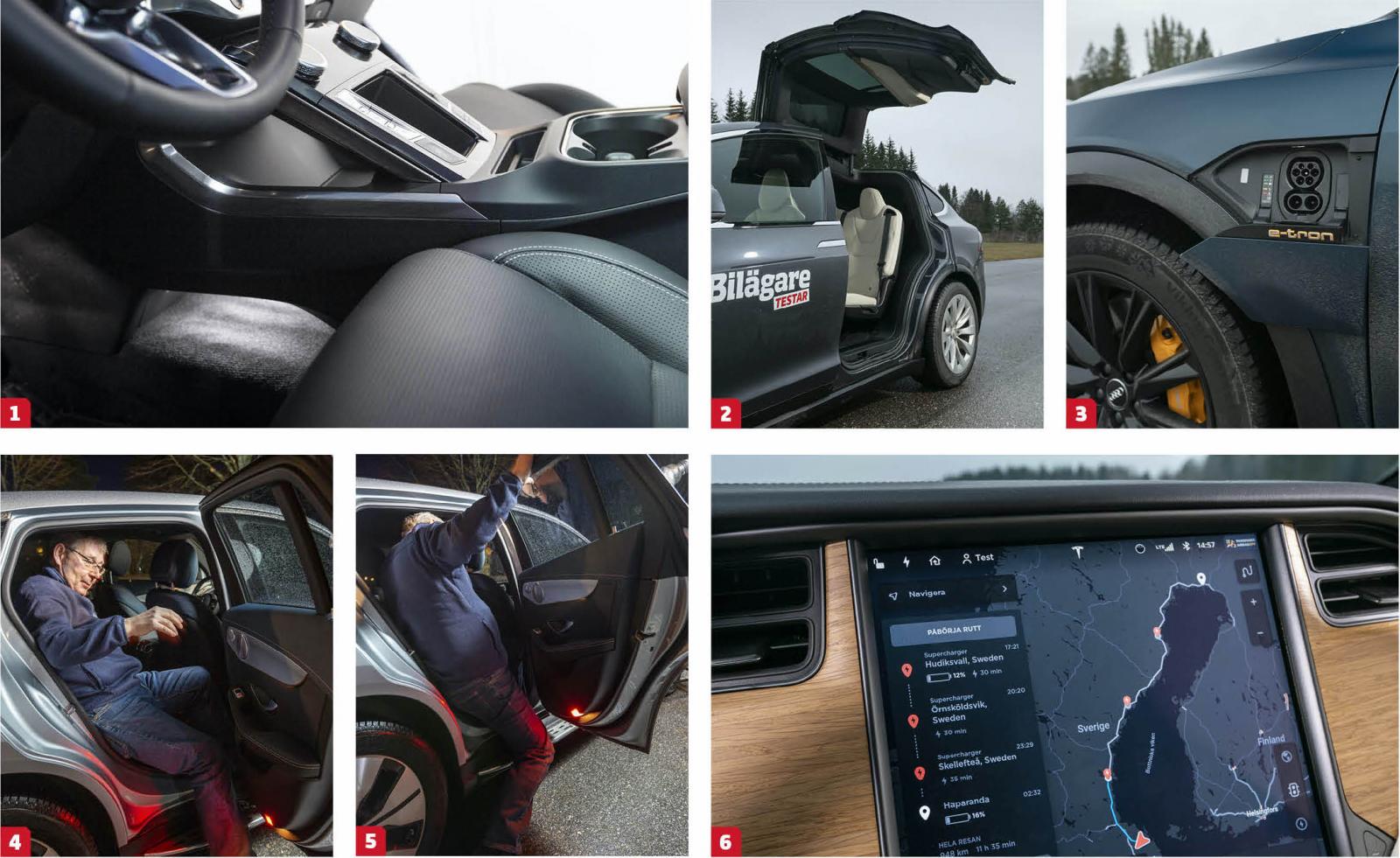 1. Avancerad formgivning i Jaguar men inte speciellt praktiskt. 2. Öppet hus! Kul men dumt – eller? 3. E-tron går att få med dubbla ladduttag, men bara det vänstra har CCS-kontakt. Orangea bromsok? 4 900 kr. 4–5. ”Äh men hur ska man göra det här då?” Mikael Schultz försöker vika in sig i EQC utan att smutsa ned byxbenen. Hur det gick? Byxorna fick åka i tvätten . 6. Tesla beräknar resväg med laddstopp, det gör även konkurrenterna.