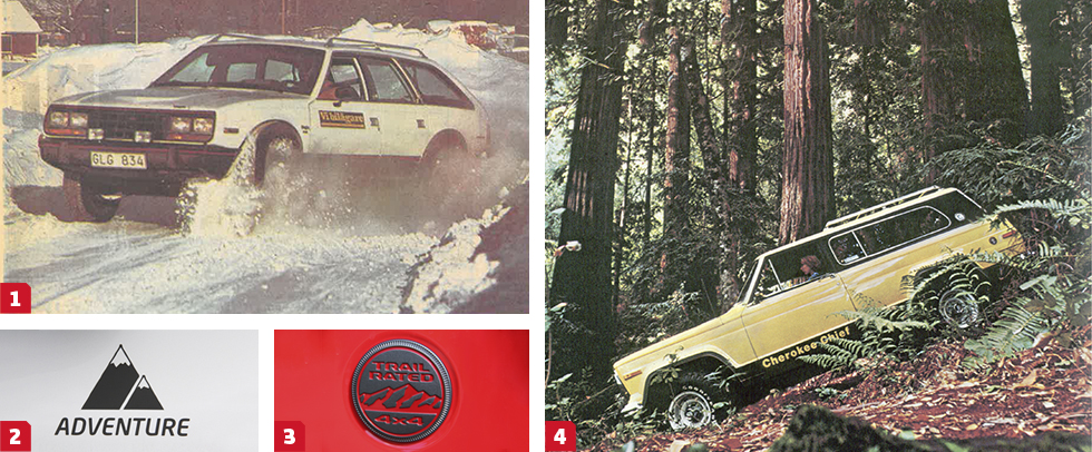 1. AMC Eagle var en föregångare som crossover och provkördes 1982. | 2. En dekalerad bergskedja på Dacia Duster betyder äventyr. | 3. Trailrated är begreppet hos Jeep för terrängduglighet. | 4. Jeep Cherokee Chief var tredörrarsmodellen av Wagoneer som blev en trendbil på 70-talet.