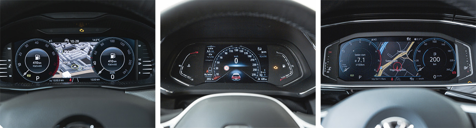 Från vänster till höger. Renault: Den helt digitala visningen är standard och kan varieras en del. Utmärkt justering av instrumentbelysningen med vipptangent till vänster om ratten. | | Skoda: Instrumenthus med bland annat navigation och valbara utseenden kostar 4 200 kronor. Snudd på overkill i funktioner men ”färddatorn” för olika förbrukningsmått är genomtänkt. | | Volkswagen: T-Crossinstrumenten har samma funktioner som Kamiqs men utseendet är något varierat – en smaksak! Active Info Display kostar också här 4 200 kronor.