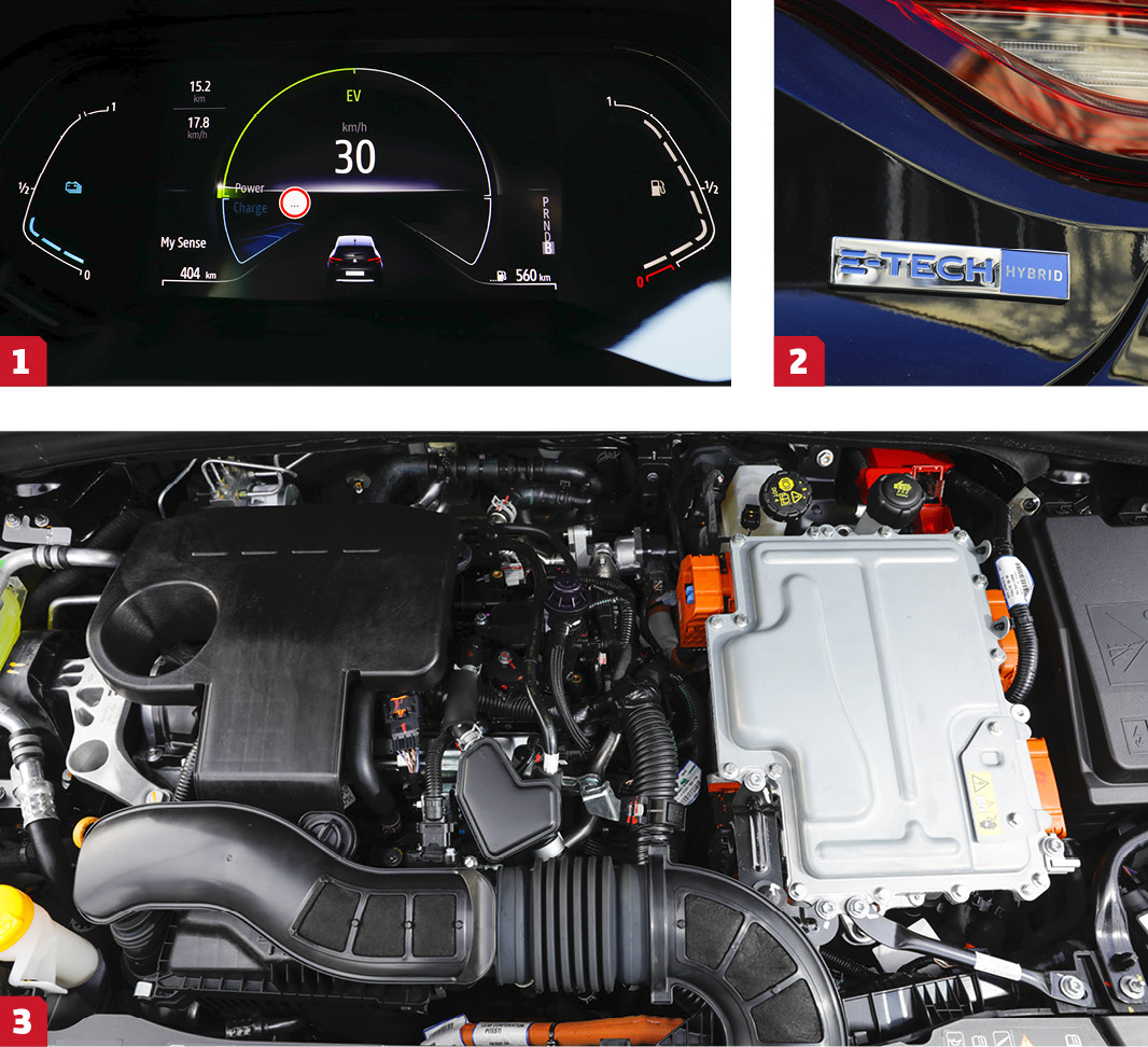 1. Hybriden har en speciell layout för instrumenten. Mätaren till vänster visar hur mycket kraft som finns kvar i batteriet. 2. Dekalen på bakstammen avslöjar hybriden. 3. Motorrummet är minst sagt välfyllt.