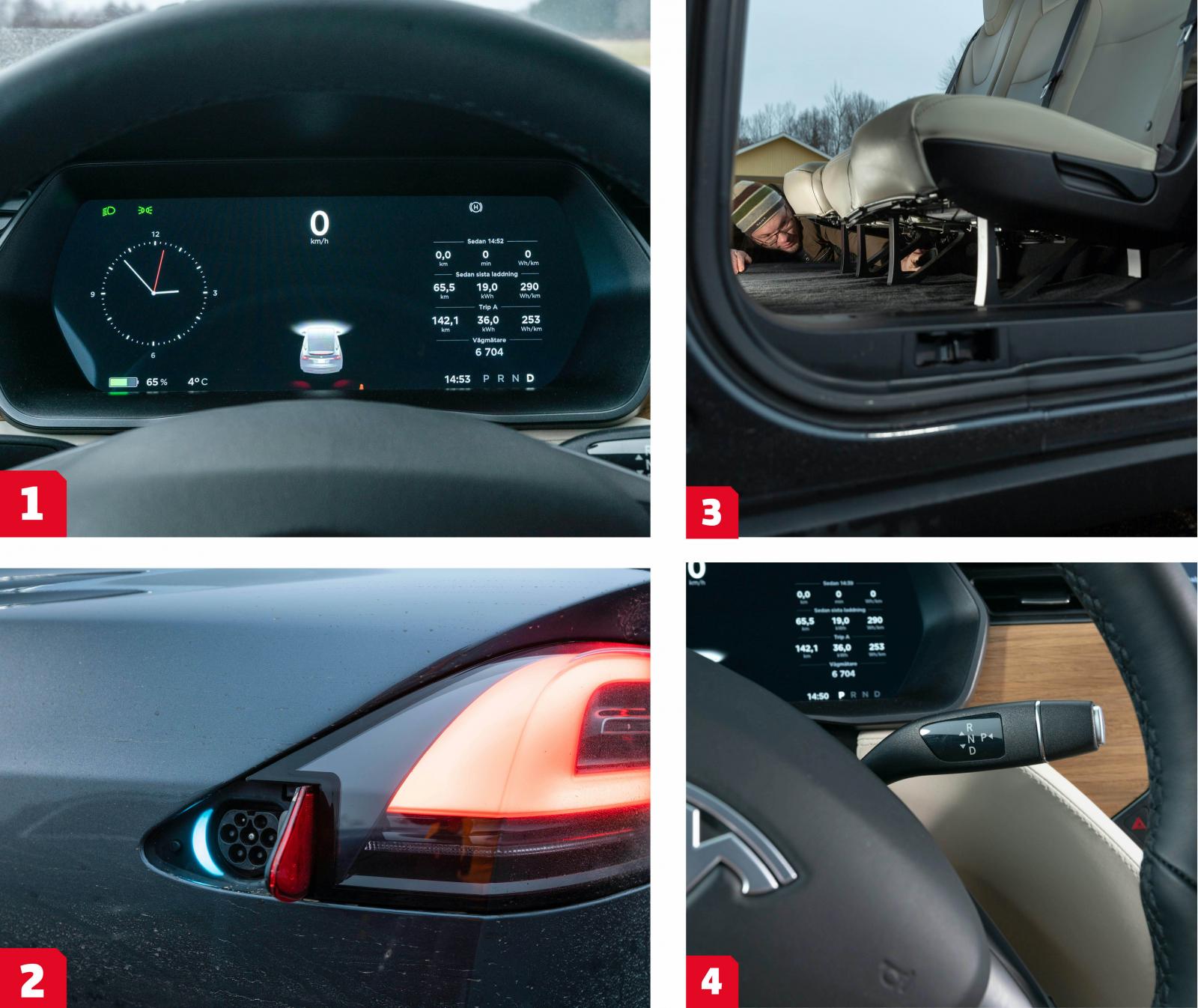 1. Teslas instrumentkluster redovisar alltid hastighet i siffror, någon ”analog” mätare finns inte. De flankerande fälten kan växlas mot annan information.
2. Tesla använder en anpassad Type-2 kontakt för alla typer av laddning, konkurrenterna använder CCS-standarden vid snabbladdning. Bra med belysning runt kontakten.
3. Baksätet står på stöttor men kan på den femsitsiga modellen inte justeras i längdled. Bra förvaringsmöjligheter under sätet.
4. Mellan 2009 till 2014 ägde Mecedes en del av Tesla. Som synes finns det fortfarande rester av samarbetet kvar.
