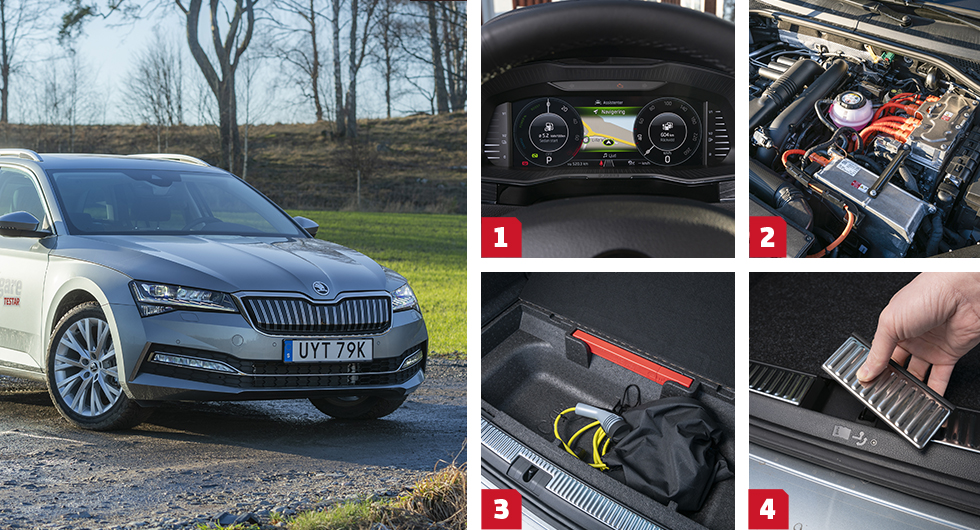 1. Instrumenthus med helt digital visning kostar 3 900 kronor extra. Utseendet kan enkelt ändras med knapptryck på ratten. || 2. 1,4-motorn med turbo drivs av bensin och elmotorn är placerad alldeles intill. Installationen är samma som den i Passat GTE, men under testet drog den färska Skoda något mer än VW. || 3. Fast golv i Superb iV men ett bra fack för laddsladden fick i alla fall plats.
|| 4. Utfällbar dragkrok finns i ett paket för 11 500 kronor som även omfattar backningskamera, lastnät och lastbågar – det är prisvärt!