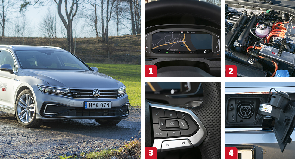 1. Volkswagen erbjuder (förstås) också ändringsbar digital visning i instrumenthuset, men här är priset 6 200 kronor. || 2. Anblicken under huven är nästan identisk med Skodas och de tekniska specifikationerna är helt lika. I Passat fungerar samarbetet med DSG-lådan bättre än i Superb. || 3. VW har skippat kombinationen rulle/knapp för rattreglagen, till förmån för enbart knappar. Bättre? Nja. || 4. Laddlucka längst fram i VW och Skoda, med praktisk lockhållare. Volvo har laddkontakten i vänster framskärm.