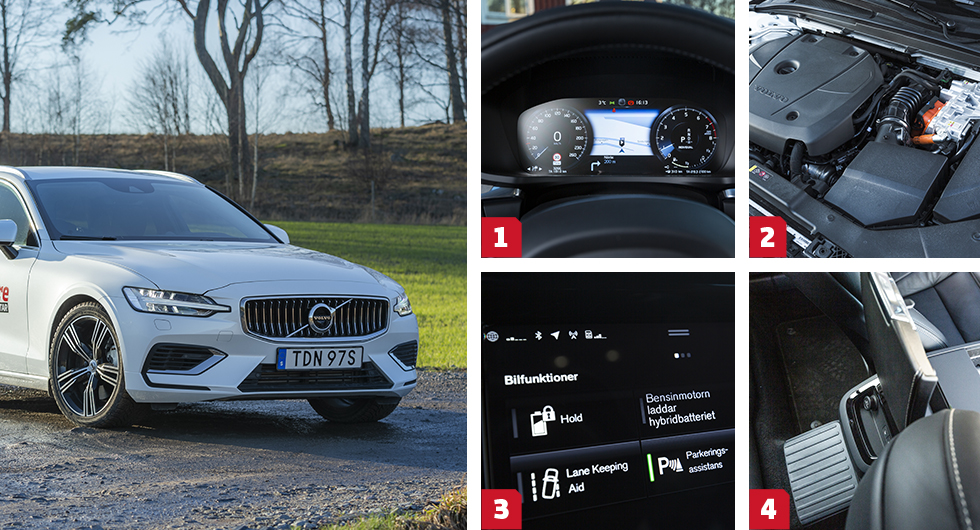 1. Den digitala förardisplayen är standard i Inscriptionutförandet av V60. Den lilla färddatorn nere till höger i visningen är trassligare att använda än motsvarigheten i Skoda/VW. || 2. Elastisk och urstark kombination av bensin- och elmotorer i Volvo, men till priset av testets högsta förbrukning. Utmärkt automatväxellåda. || 3. Tvångsstyrning av batteriladdningen via bensinmotorn finns i alla tre. || 4. Volvos längsplacerade batteripaket stjäl utrymme i baksätet – mittunneln är hög och fler än två passagerare får inte plats.