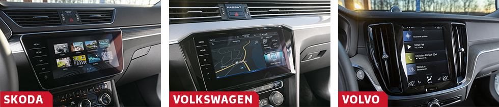 Skodas mediefunktioner är omfattande, snyggt utformade och enkla att använda. Det gäller att lära sig möjligheterna för exempelvis laddning/värmning/snålkörning. || I VW är disponeringen i stort sett identisk med den i Skoda, bara den grafiska utformningen skiljer. Appstyrning/
-övervakning finns hos båda. || Volvos medieskärm känns välbekant vid det här laget, ett system som fungerar utmärkt men som inte är lika ”rakt” och enkelt att sköta som Skodas eller VW:s.