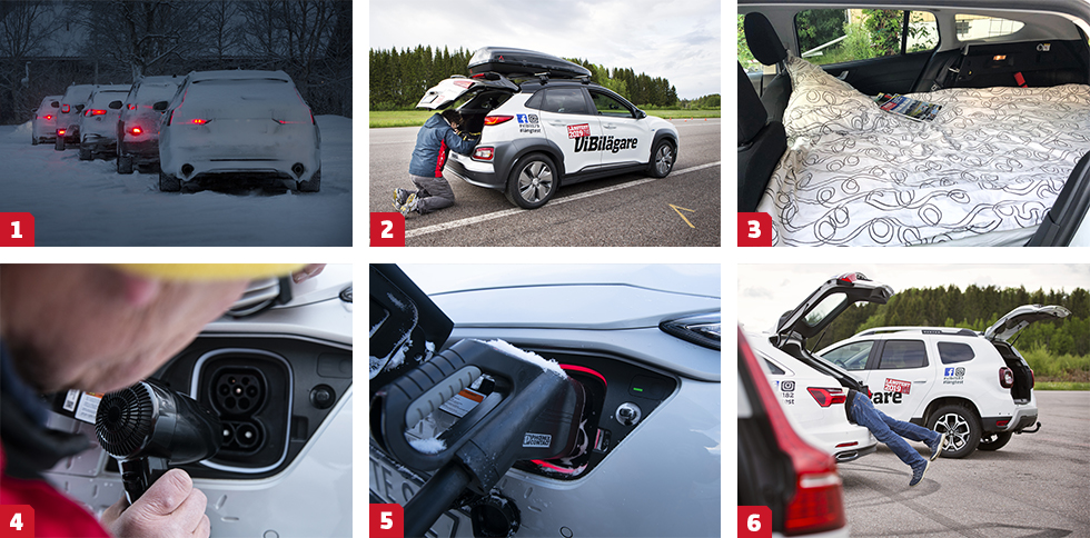 1. Moderna LED-lampor har låg värmeutveckling vilket gör de svåra att upptäcka i snö. Bara några har dimbakljus av rätt kaliber. || 2. Kona har kort tak. Med takbox på är det svårt att nå bagageutrymmet. || 3. Ibland är en bil mer än en bil. Med fullbokade hotell tjänstgjorde rymliga Focus som gäststuga. || 4-5. Vi inleder alltid med ett vintertest som ofta avslöjar slarviga konstruktionsmissar. Så som dåligt tätad laddlucka i fronten på Hyundai Kona. Vi fick tina med hårtork för att kunna ladda på fjällresan. || 6. Trots Audis lastdjup bör baksätet fällas för att ta hem skyltdockan som fyndats på loppis.