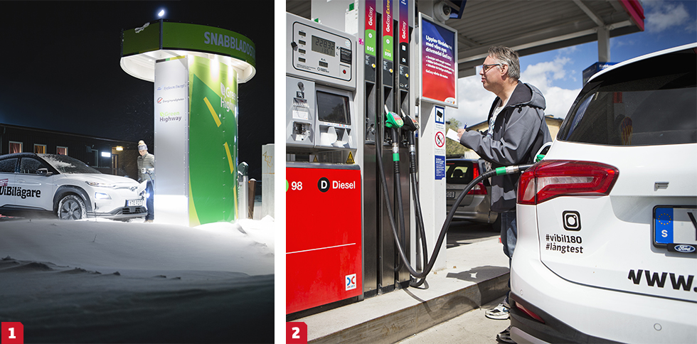 1. Av totalt 210 laddningar av Hyundai Kona EV var 43 betalladdningar för totalt 4 750 kr. || 2. De fyra fossildrivna bilarna tankades med totalt 10 792 liter för 170 230 kr. Eller drygt 40 000 kr/var.