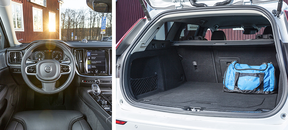 Man närmast ramlar in i den låga V60, men på plats har man en utmärkt, bekväm förarmiljö som är lättskött och känns mer påkostad än de andras. Volvo är klart trängst för bagaget, även om den angivna volymen är jämförlig med de båda andras. Bra bredd men sämre höjd, totalt sett fick vi in 28 backar som mest, mot 35 respektive 36 i Skoda/Volkswagen.