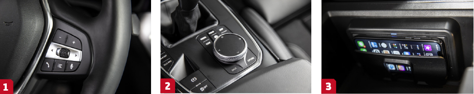 1. BMW koncentrerar ljudanläggningens styrning till höger ratteker. || 2. Kontrollvredet har en pekyta för att skriva in exempelvis adress. || 3. Fiffig induktionsladdning kostar 4 600 kronor, då ingår även ACP.