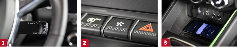 1. Renault håller envist kvar vid rattkolumnens ”stubbe” för att kontrollera radion. || 2. ”Blomman” är en genvägsknapp till bilens körinställningar. || 3. Induktionsladdning av mobil.