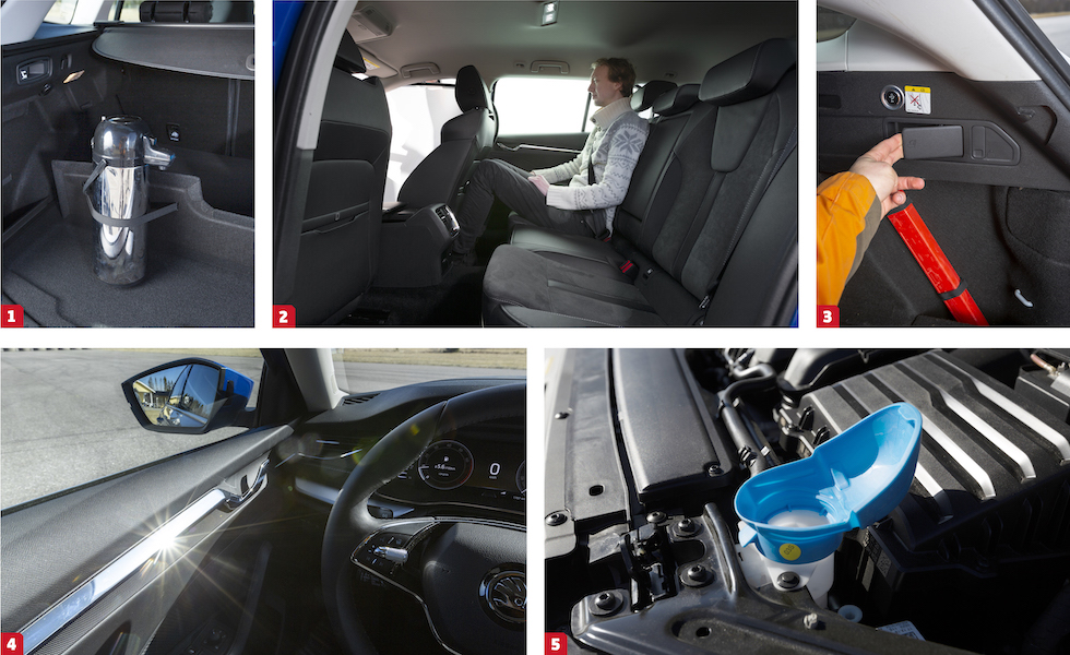 1. Renaults uppfällbara bagagestöd har inbyggda resårband – praktiskt! 2. Skoda har det klart bästa baksätet för vår långe testchaufför Joakim Bergqvist. 3. Fjärrfällning av de bakre ryggstöden är numera snudd på självklarhet. Här är reglaget i Ford Focus. 4. Skodas dörrlister må vara snygga men reflexerna blixtrar rakt i ögonen när vårsolen ligger på. 5. Som så ofta med Skoda är också nya Octavia försedd med en del smarta, nästan självklara lösningar. Påfyllningslocket för spolarvätskan är av en ”hårdmjuk” kvalitet och kan vecklas ut till en rejäl tratt som eliminerar spillet med de dyra dropparna.