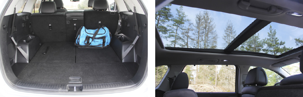Hög lastkant, men mycket rymligt bagageutrymme. || Panoramaglastak är snyggt, men kan krångla.