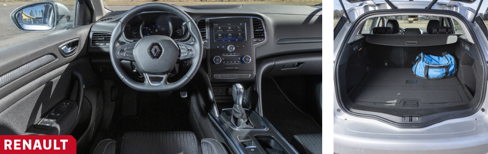 Viss hyrbilskänsla över förarmiljön och somliga reglage är inte av senaste (och bättre) Renaultsnitt. Bra reglage för värme och ventilation, dock. Renault sväljer inte lika mycket bagage eller lika många drickabackar som Ford eller Skoda. Orsaken är att lastgolvet är kortare, både med uppfällda och nedfällda ryggstödsdelar. Disponeringen är annars bra och golvet kan placeras i två höjdlägen.